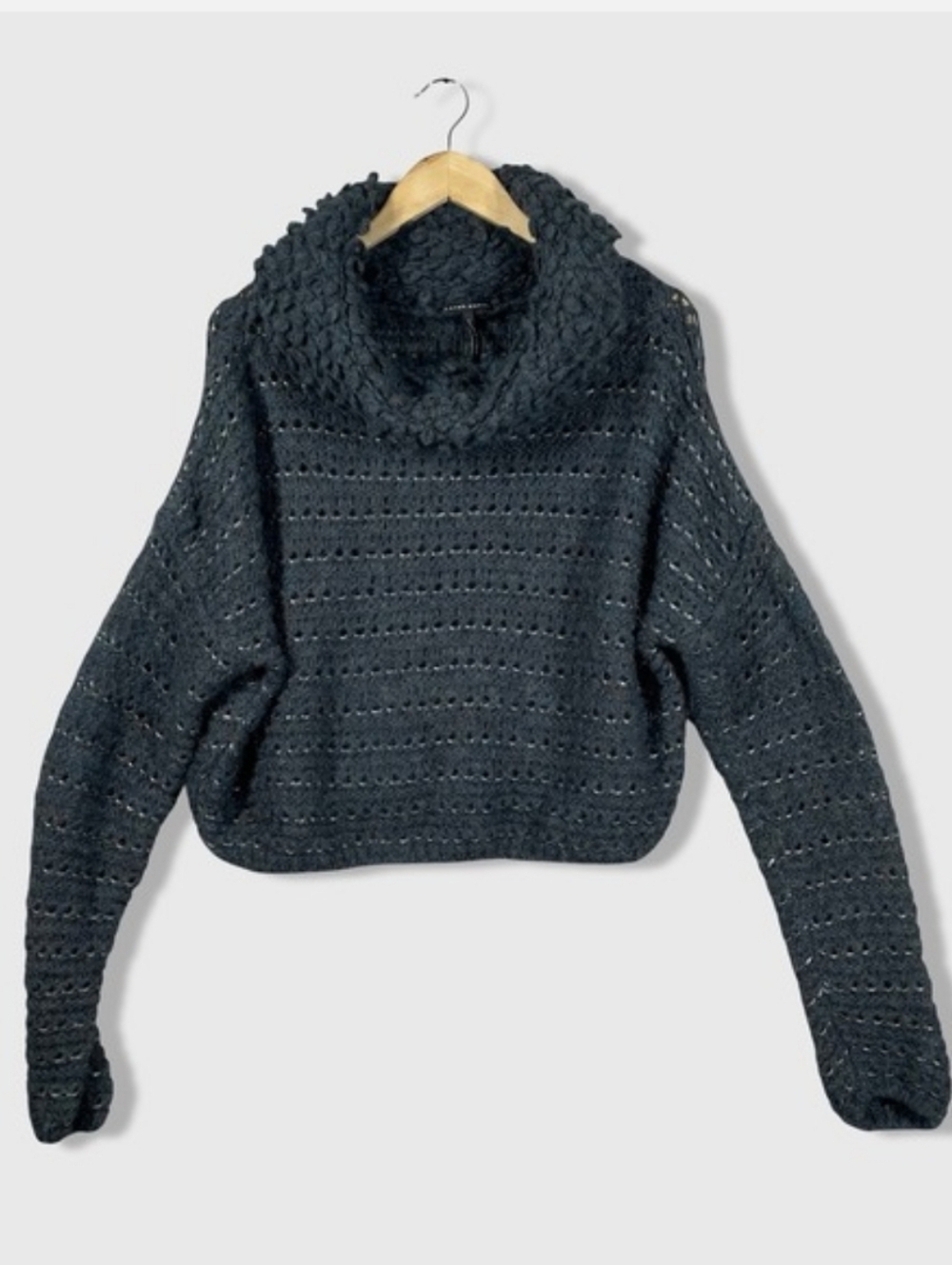Sarah Pacini Dark Charcoal Open-Knit Turtleneck Sweater